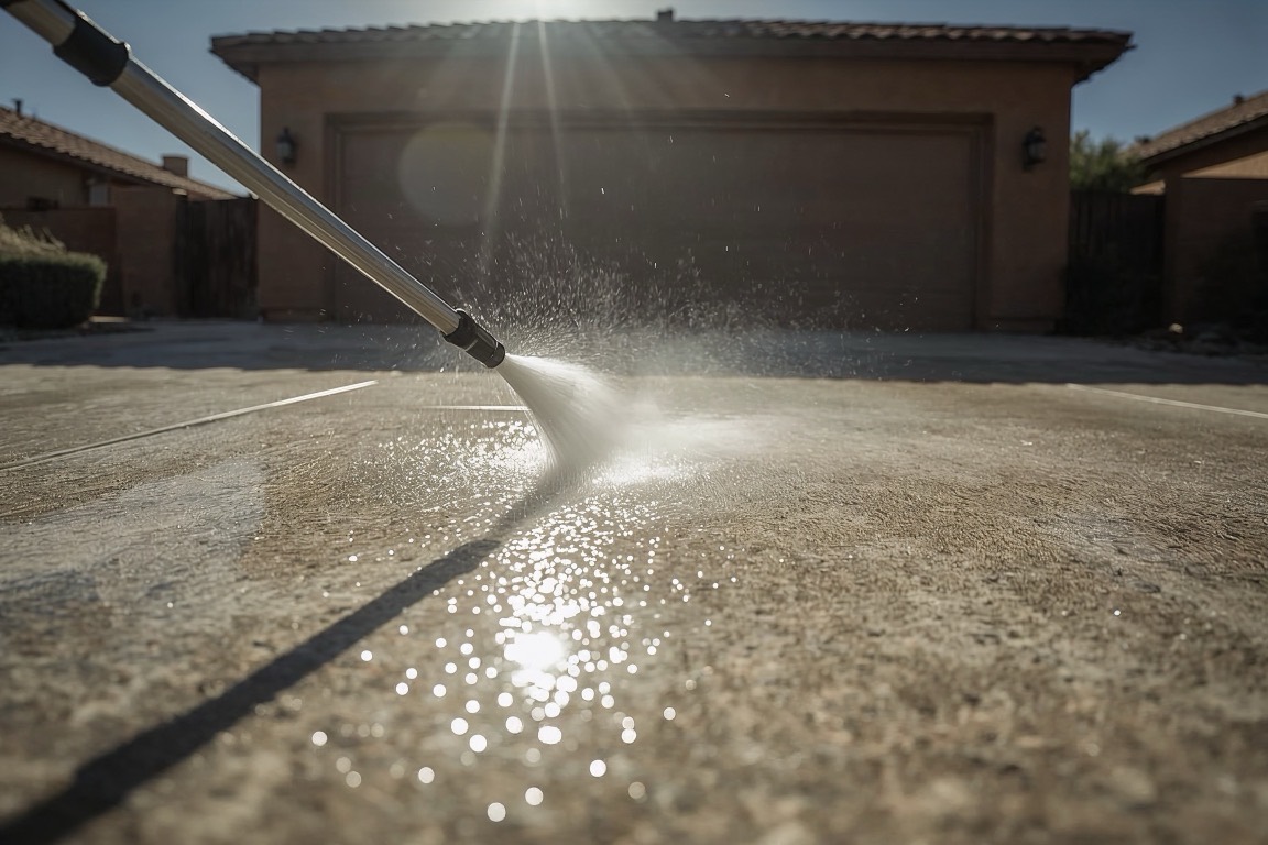 A pressure washer wand cutting a bright clean stripe across a dust-stained Tucson concrete driveway